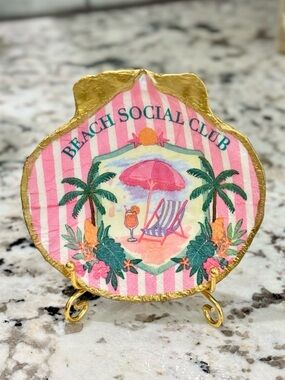 Hand Crafted Beach Social Club Trinket Shell Dish Jewelry Dish Pink White